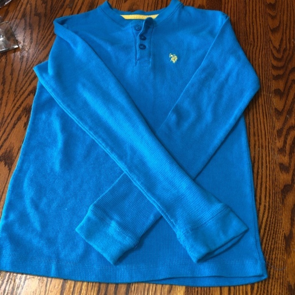 US POLO ASSN SIZE 18 BOYS TURQUOISE BLUE WAFFLE WEAVE LONG SLEEVE YELLOW LOGO
